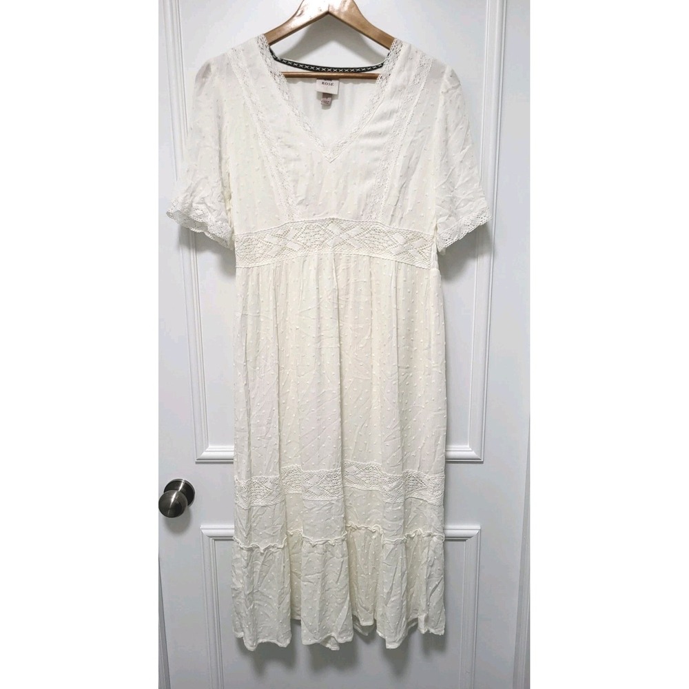 Ivory Tiered Cottagecore Boho Swiss Dot Midi Dress Sz S Knox Rose